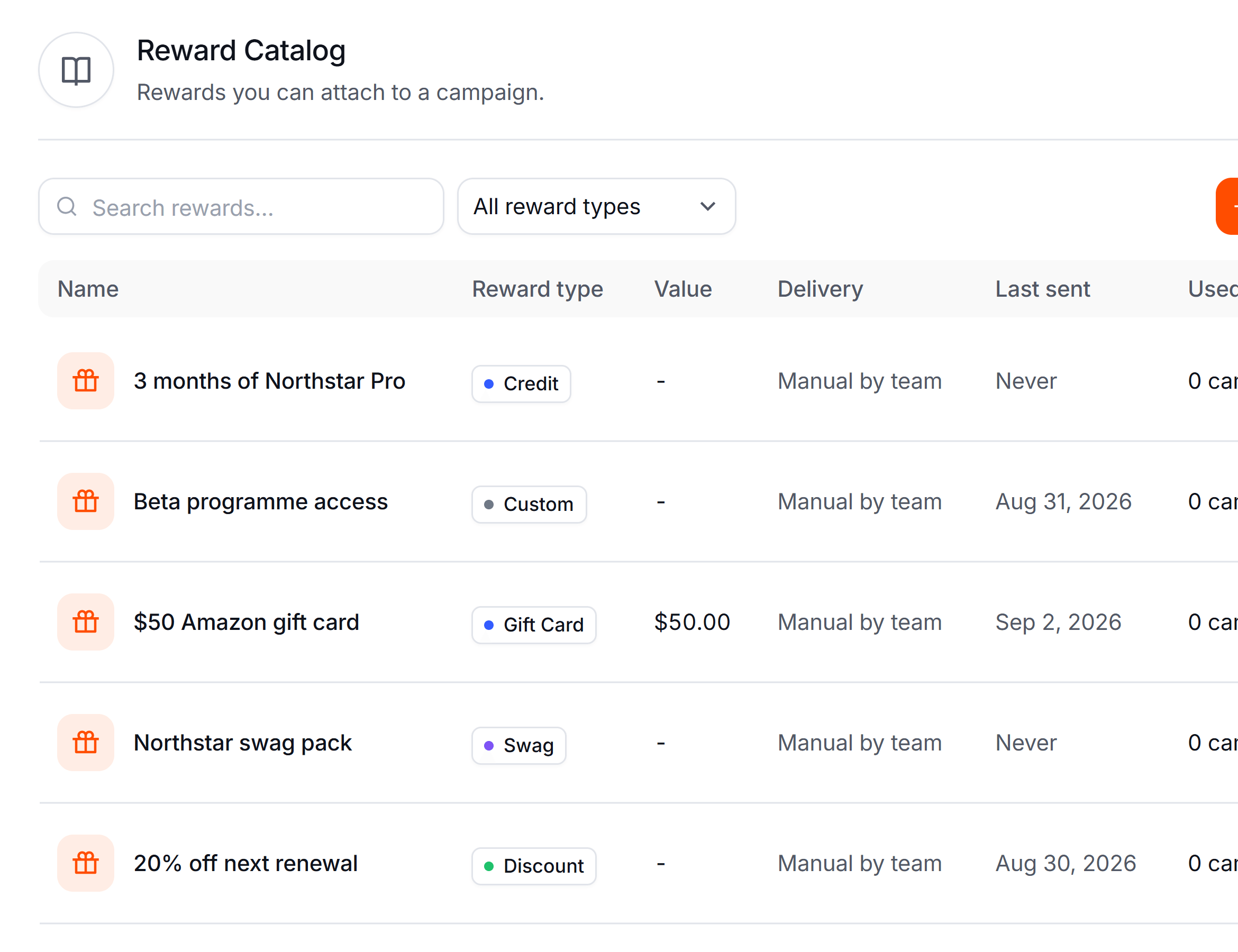 The Amplaud reward catalogue, listing each reward with its type, value, delivery method and how many campaigns use it.